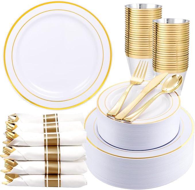350Piece Thanksgiving Dinnerware Set for 50 Guests - Gold Plastic Plates