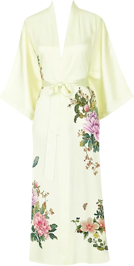Women's Classic 100% Silk Kimono Robe, Bathrobe—Printed Pattern