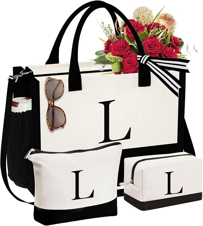 YOOLIFE Christmas Gifts for Women - Initial Canvas Tote Bag & Makeup Bag