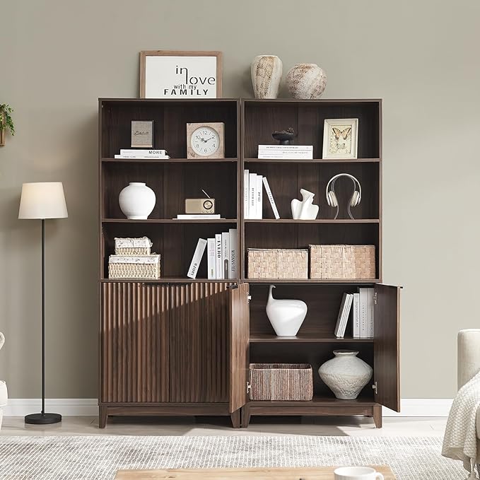 Wnuterss Fluted Bookshelf with Two Doors Cabinet, 70" Tall Bohemia Bookcase with Adjustable Shelves