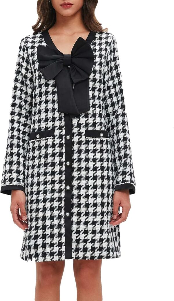 Women's Tweed Bow Mini Dress Long Sleeve V Neck Button Down Dress Elegant Business Work Dress