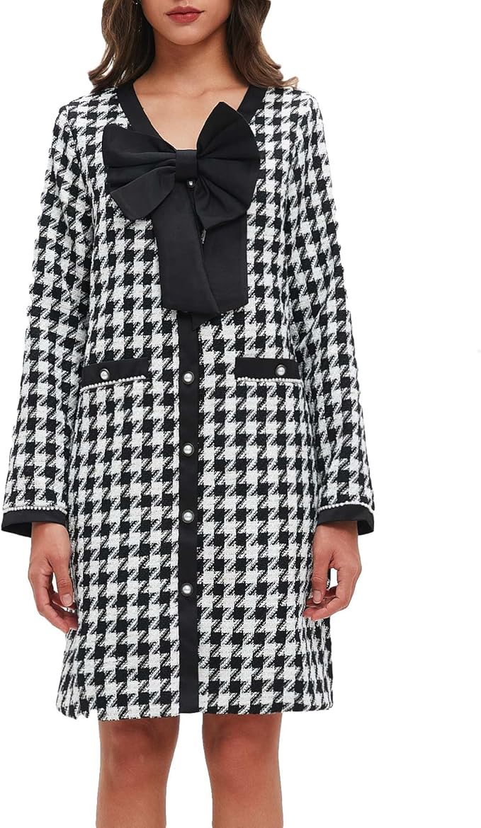 Women's Tweed Bow Mini Dress Long Sleeve V Neck Button Down Dress Elegant Business Work Dress