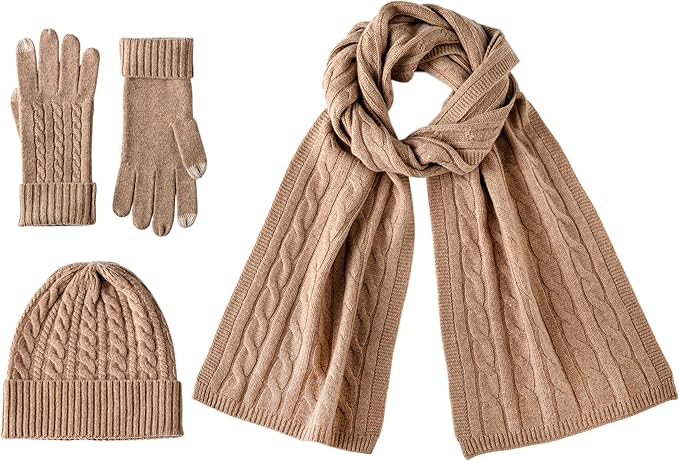 3 Pieces Luxury Women's 100% Cashmere Scarf Hat Gloves Set for Women Cable Stitch